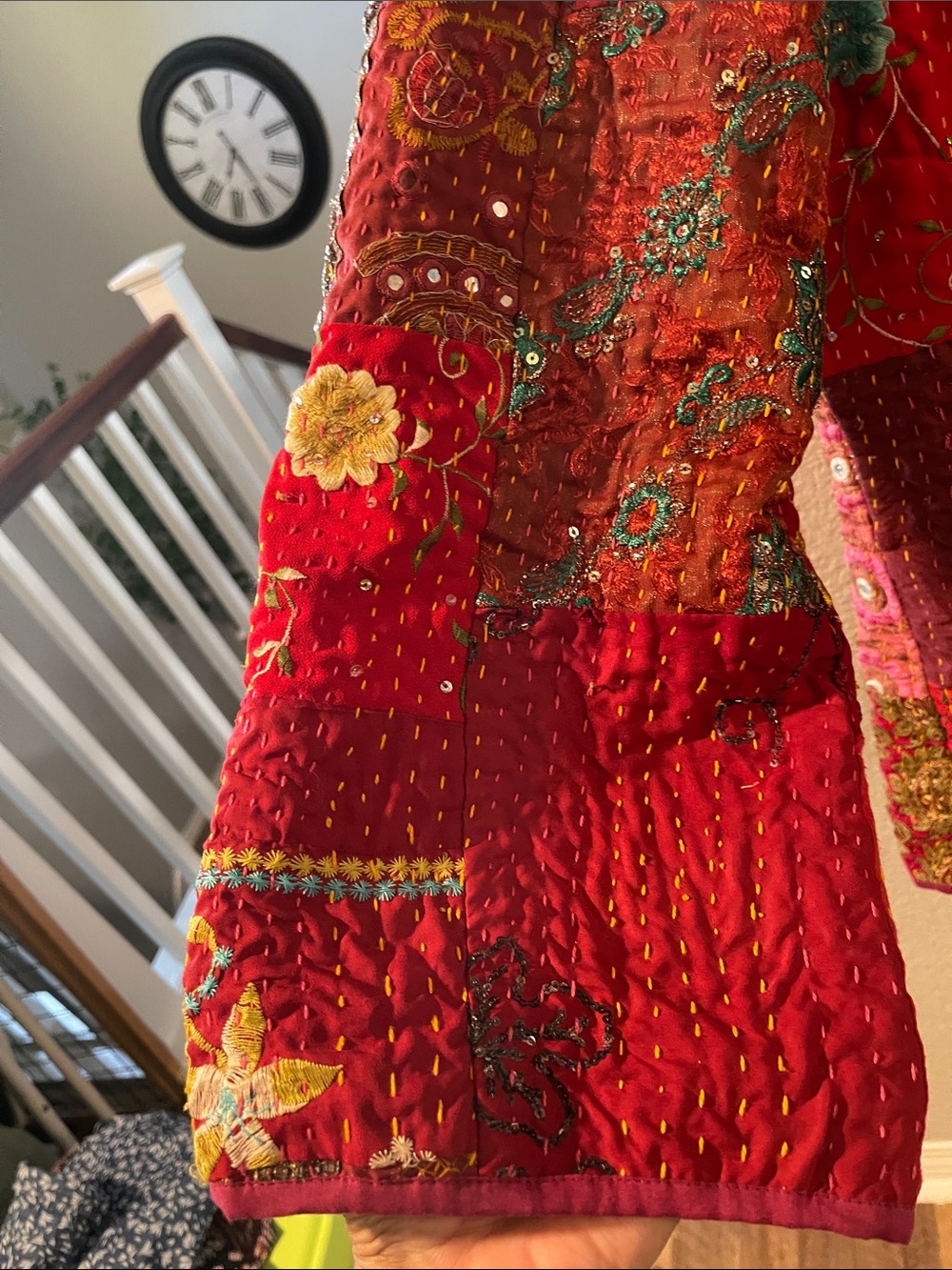 Red Patchwork Kantha Quilted Jacket with Embroidery XL-1X Kantha Jacket - Picture 4 of 15
